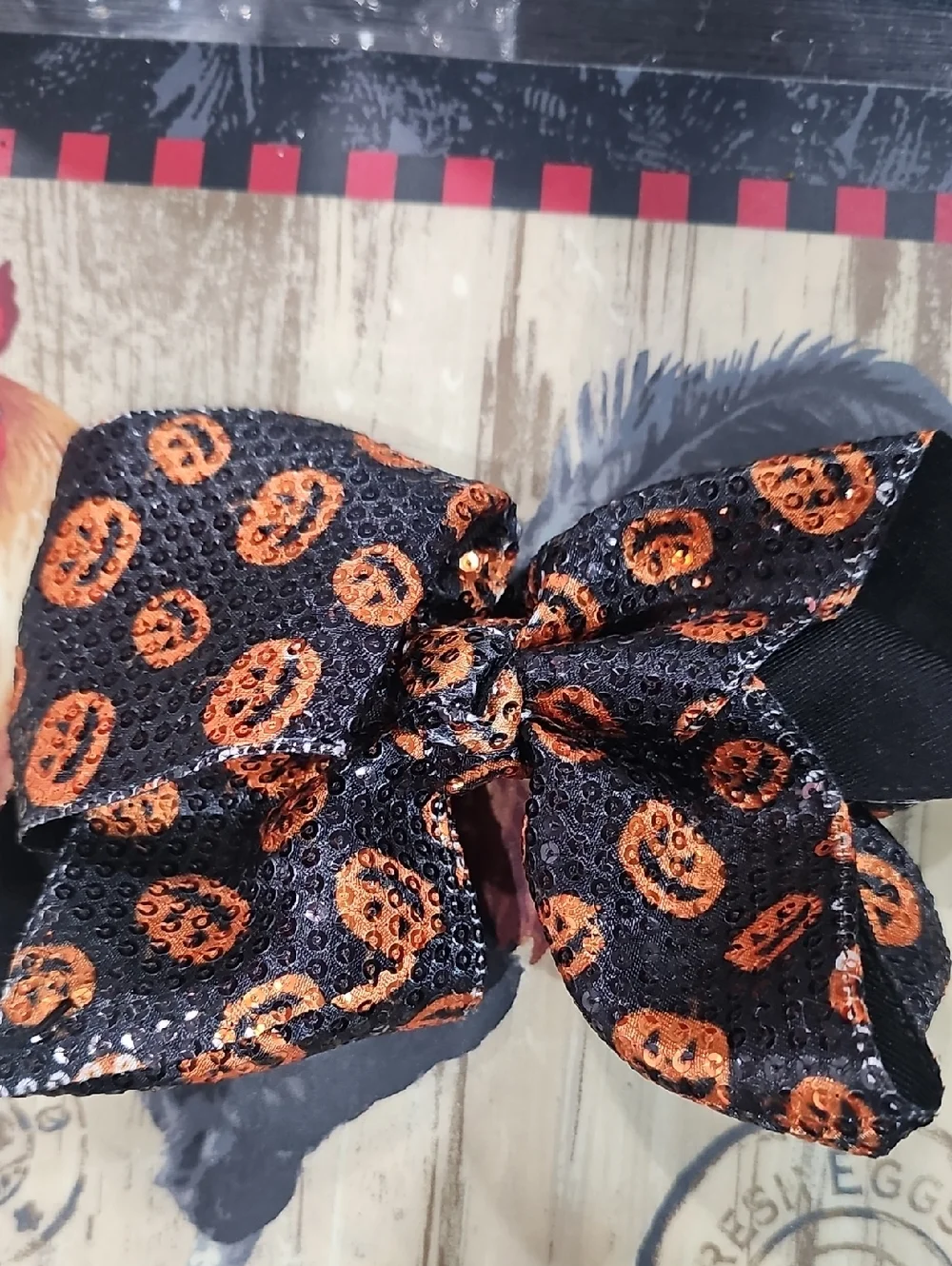 Kids Halloween Sequin Bow Hair Clip - Black & Orange